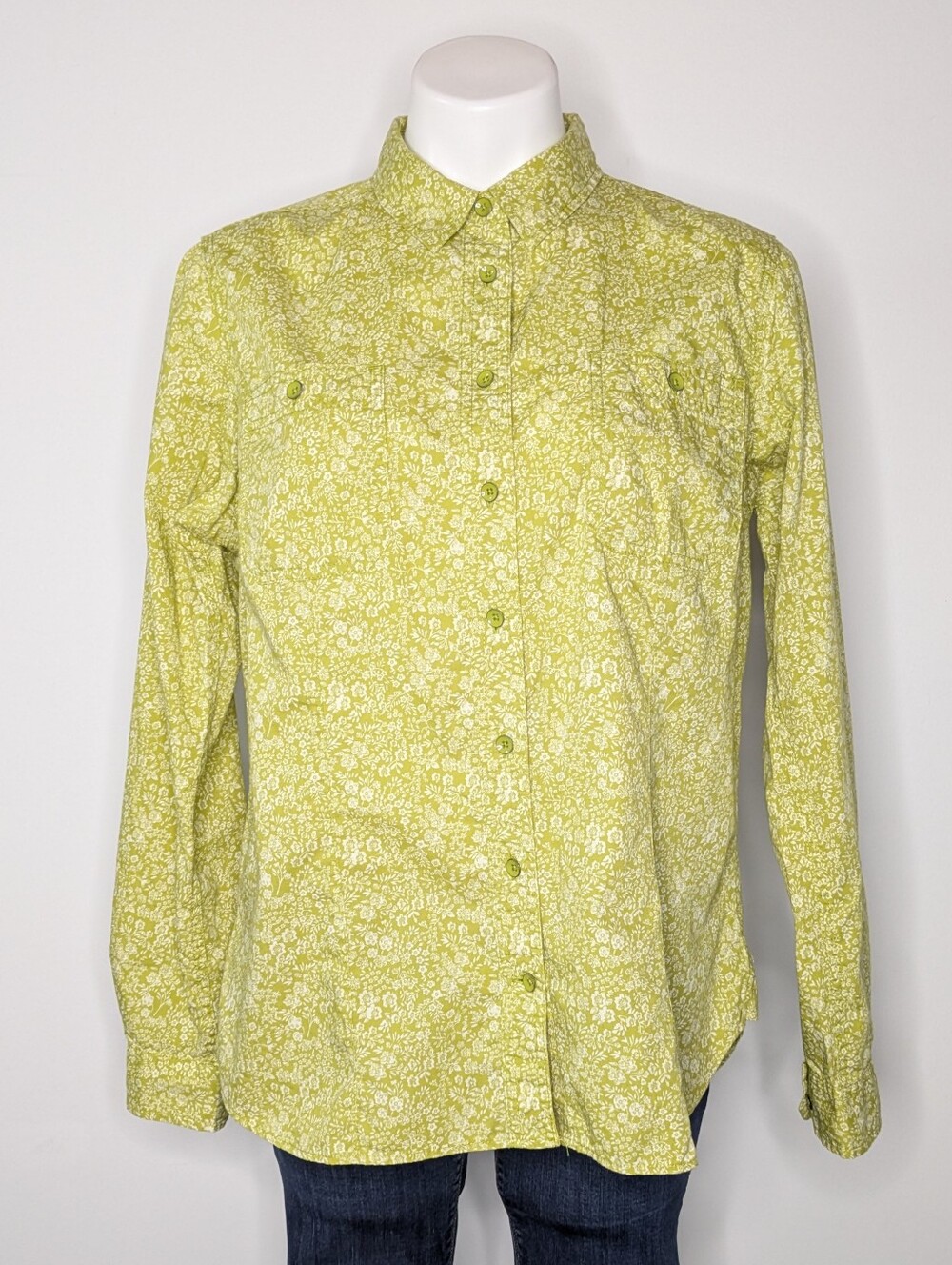 Duluth Green White Ditsy Floral Long Sleeve Organic Cotton Button Up Shirt L